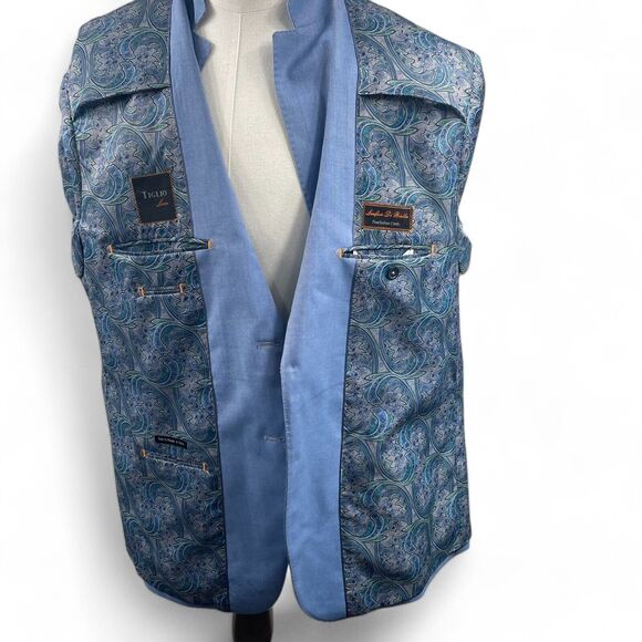 Tiglio Luxe 100% Wool Blue Sangria Jacket Blazer 48R Viscose Paisley Lining - Picture 10 of 13